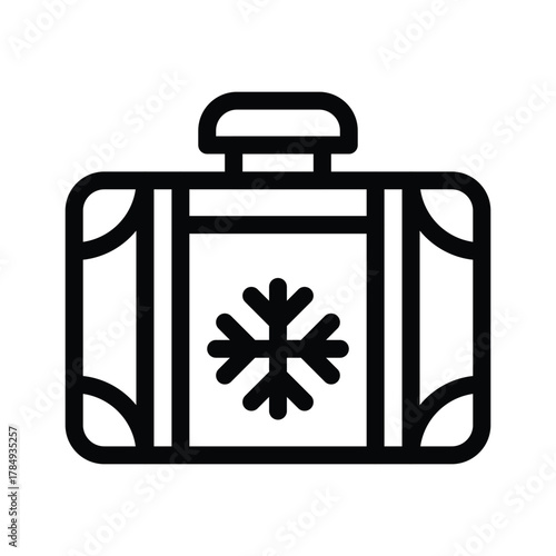 A simple graphic of a blackoutlined suitcase with a snowflake design on the front