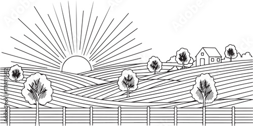 Black and White Line Art Rural Landscape with Sunrise, Farm Fields, and House