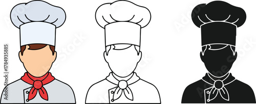 Three chef icons showing color outline and silhouette cook uniform