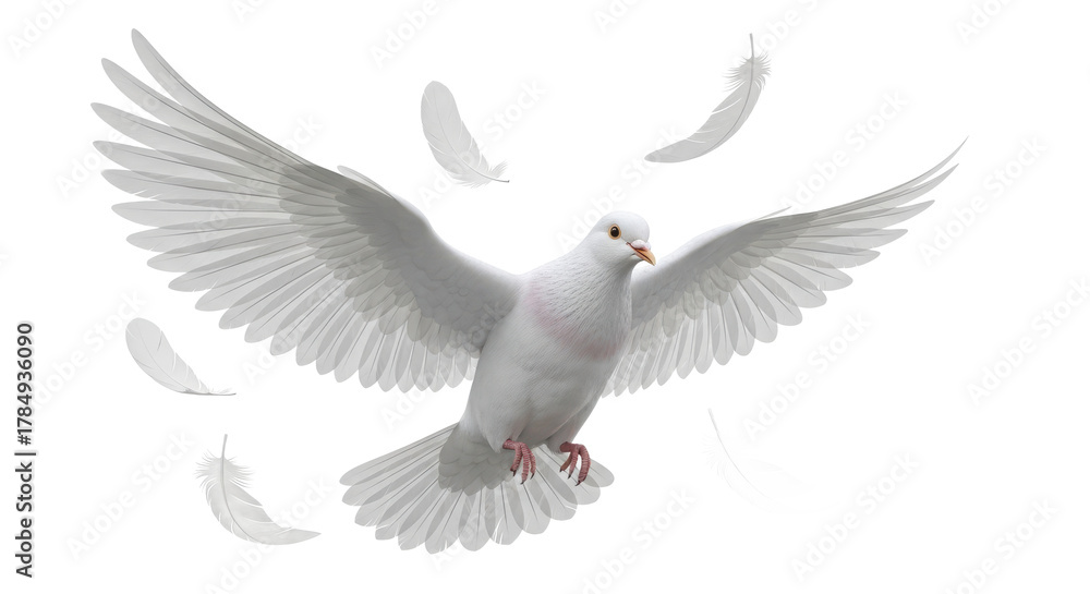 Obraz premium A majestic white dove with its wings spread wide in mid flight surrounded by falling feathers isolated on transparent background