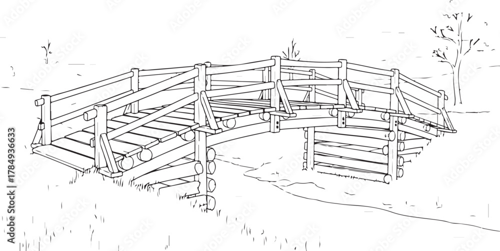 Obraz premium Line Art Illustration of a Rustic Wooden Bridge over a Small Stream