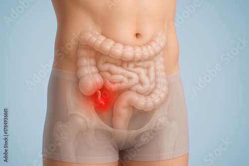 3D medical anatomical front view of lower right abdomen showing appendicitis with vivid red inflamed appendix below navel, clinical visualization acute inflammation of the appendix and pelvic pain.
