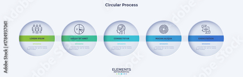 Process chart with five connected paper white circles placed in horizontal row. Concept of 5 stages of startup development. Modern infographic design template. Flat vector illustration for report.
