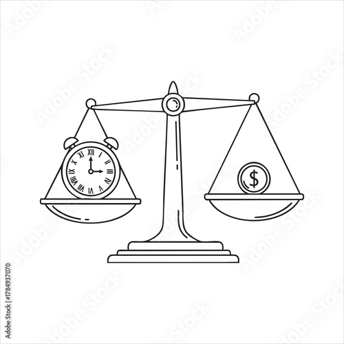 Outline balance scale with clock and coin representing time value