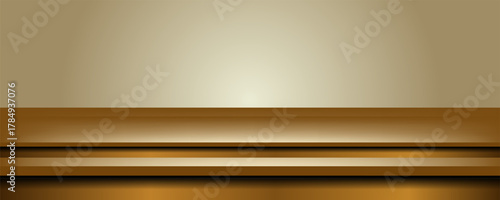 Sleek golden shiny kitchen desk surface with metallic texture, soft reflections and shadows. Realistic 3d vector illustration of gold colored metal countertop or shelf surface in limbo like setting.