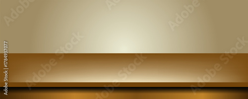 Sleek golden shiny kitchen desk surface with metallic texture, soft reflections and shadows. Realistic 3d vector illustration of gold colored metal countertop or shelf surface in limbo like setting.