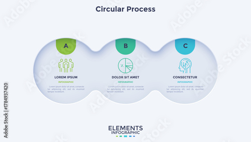 Process chart with three connected paper white circles placed in horizontal row. Concept of 3 stages of startup development. Modern infographic design template. Flat vector illustration for report.