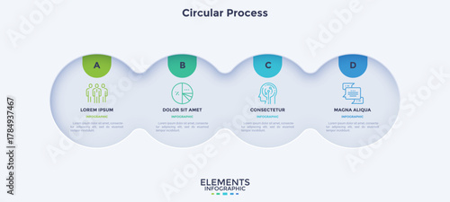 Process chart with four connected paper white circles placed in horizontal row. Concept of 4 stages of startup development. Modern infographic design template. Flat vector illustration for report.
