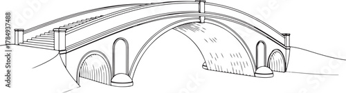 Classic Arched Stone Bridge Line Drawing Illustration