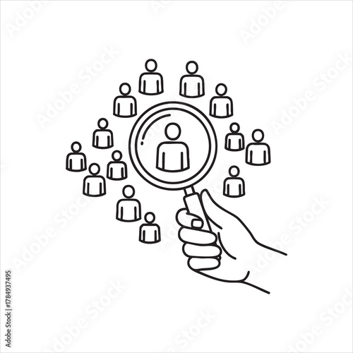 Outline style HR recruitment icon with magnifying glass and people network