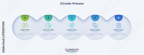 Process chart with five connected paper white circles placed in horizontal row. Concept of 5 stages of startup development. Modern infographic design template. Flat vector illustration for report.