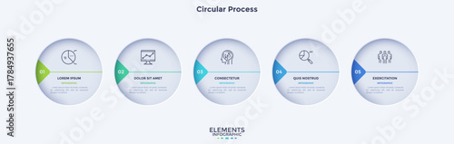 Informative circular process infographic chart for business startup demonstration. Circular infochart with thin line icons. Instructional graphics with 5 steps sequence design for web pages
