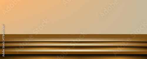 A sleek, shiny gold kitchen countertop with metallic texture, soft reflections, and shadows. A realistic 3D vector illustration of a gold-colored metal countertop or shelf in a limbo setting.