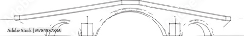 Line Drawing of a Classical Multi-Arched Stone Bridge Structure