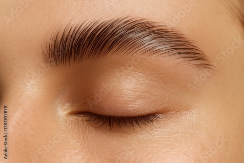 Extreme macro shot laminated eyebrows with natural skin texture and clean dermatology aesthetic, minimalism concept for high-end beauty care, trending stock photography for skincare industry visuals