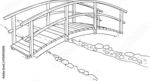 Line Art Illustration of a Curved Wooden Bridge Over a Rocky Stream