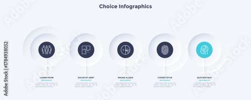 Five round buttons placed in horizontal row. Concept of 5 successive stages of business project development process. Neumorphic infographic design template. Modern vector illustration for banner.