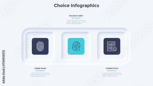 Startup project boosting research rectangular choice infographic chart design template. Business success infochart with icons. Instructional graphics with 3 options. Visual data presentation