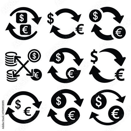 currency exchange silhouette Business icon set.