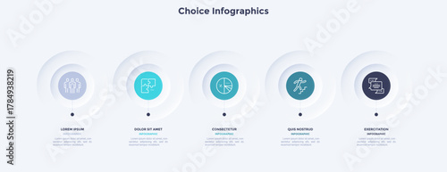 Five circular elements placed in horizontal row. Concept of 5 steps to startup project launch. Neumorphic infographic design template. Modern flat vector illustration for business presentation.