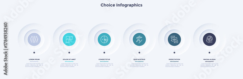 Six circular elements placed in horizontal row. Concept of 6 steps to startup project launch. Neumorphic infographic design template. Modern flat vector illustration for business presentation.