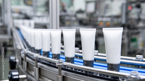Production line with white cosmetic tubes on conveyor in modern factory. Concept of skincare manufacturing, automation, and packaging. Ideal for industry, technology, and beauty themes.