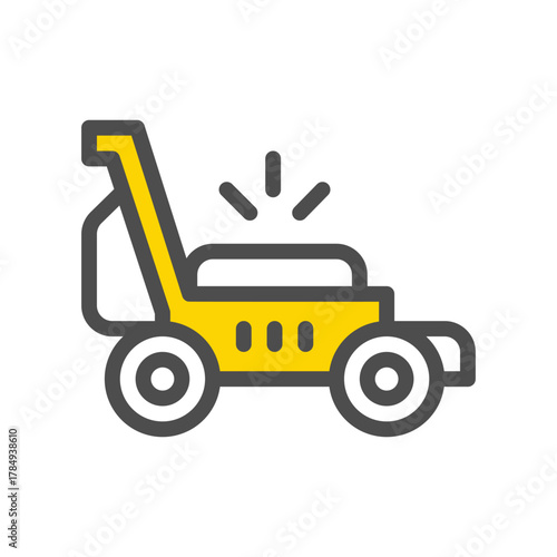 A yellow lawnmower with a gray outline and handle featuring three small dots in the center and short lines above