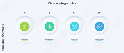 Four round buttons placed in horizontal row. Concept of 4 successive stages of business project development process. Neumorphic infographic design template. Modern vector illustration for banner.