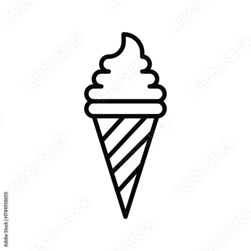 An ice cream cone with a swirled scoop on top The cone has diagonal lines