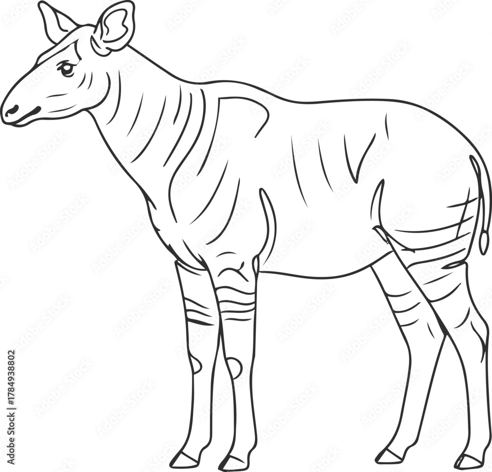 Fototapeta premium A line drawing of an okapi standing in profile with stripes on its body and legs on a white background