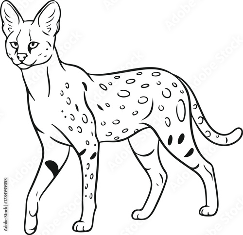 A black and white line drawing of a serval cat with spots standing on a white background facing forward
