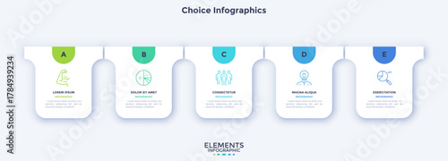 Five numbered rectangular paper frames placed in horizontal row. Concept of 5 stages of marketing strategy. Modern flat infographic design template. Simple vector illustration for business