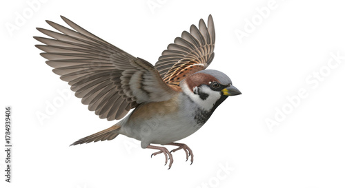 A detailed close up photograph of a small brown sparrow bird in mid flight with its wings spread wide isolated on transparent background