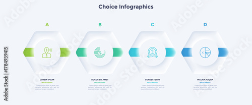 Flowchart with four paper white polygones placed in horizontal row and connected by arrows. Concept of 4 steps of project development. Simple infographic design template. Neumorphic vector