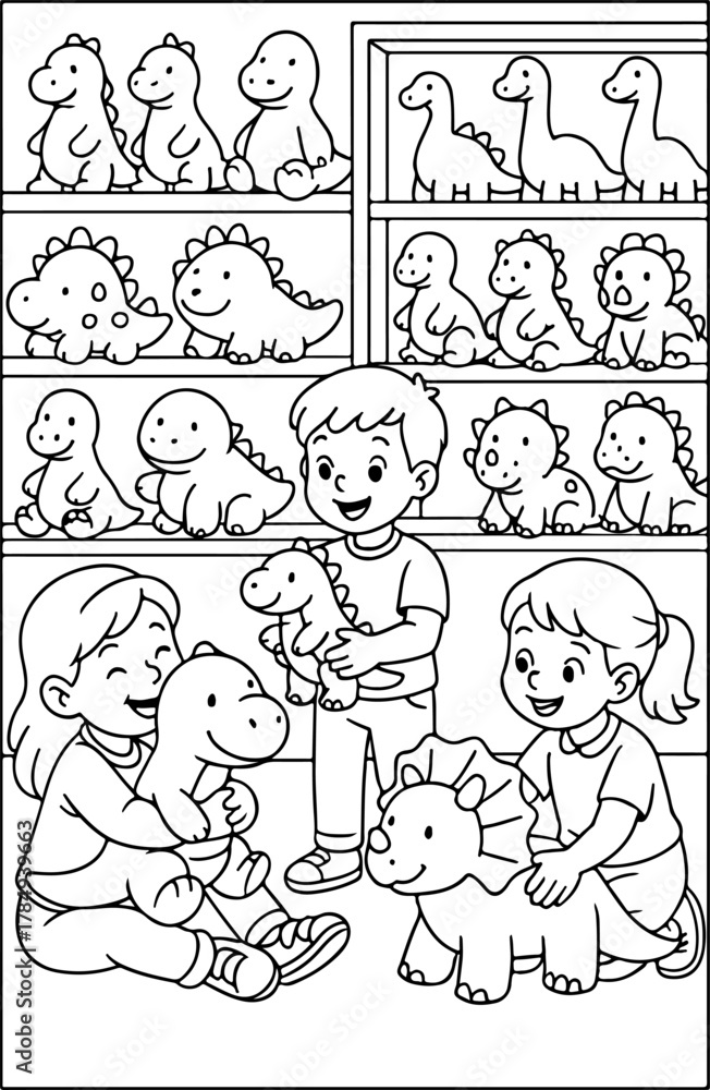 Fototapeta premium hand drawn vector illustration of Dino Plush Toy Shop coloring page for kids
