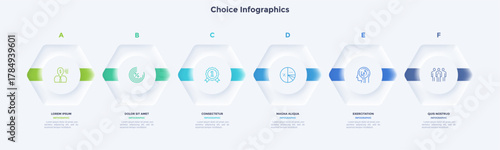 Flowchart with six paper white polygones placed in horizontal row and connected by arrows. Concept of 6 steps of project development. Simple infographic design template. Neumorphic vector illustration