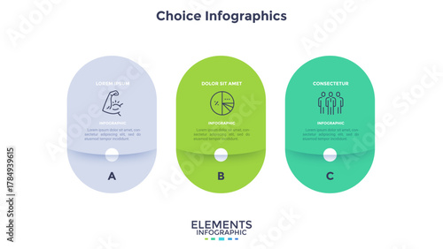 Three numbered circular frames placed in horizontal row. Concept of 3 stages of marketing strategy. Modern flat infographic design template. Simple vector illustration for business presentation.
