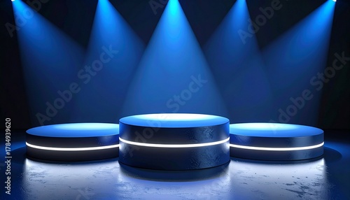 Futuristic Podium with Blue Spotlights and Metallic Platforms on Dark Background