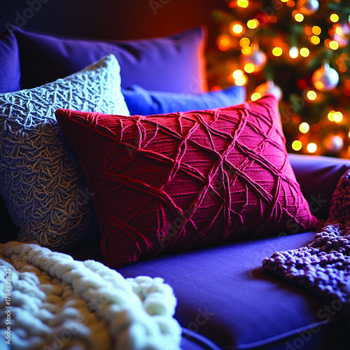 vibes, festive atmosphere, comfort, cozy home, knitted texture, holiday lights, evening