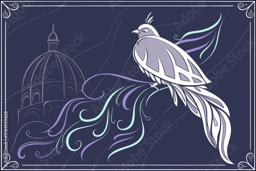 Stylized Bird Perched Near a Dome Building illustration