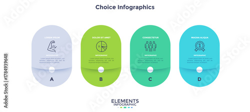 Four numbered circular frames placed in horizontal row. Concept of 4 stages of marketing strategy. Modern flat infographic design template. Simple vector illustration for business presentation.
