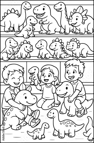 hand drawn vector illustration of Dino Plush Toy Shop coloring page for kids