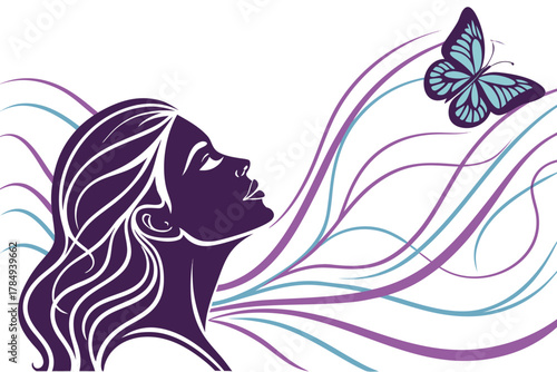 Silhouette of a woman's profile with butterfly and flowing lines