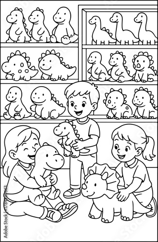 hand drawn vector illustration of Dino Plush Toy Shop coloring page for kids