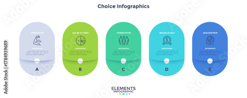 Five numbered circular frames placed in horizontal row. Concept of 5 stages of marketing strategy. Modern flat infographic design template. Simple vector illustration for business presentation.