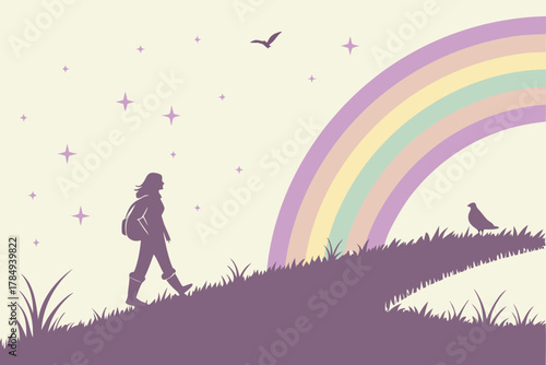 Silhouette of woman hiking with backpack under rainbow and stars