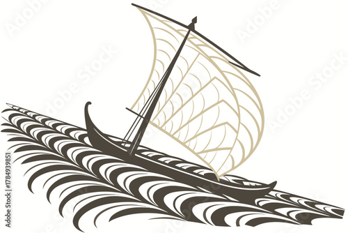 Stylized Viking longship sailing on patterned waves