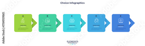 Progress bar with 5 arrows behind color rectangular elements placed in horizontal row. Concept of five steps to business success. Minimal infographic design template. Flat vector illustration.