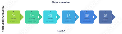 Progress bar with 6 arrows behind color rectangular elements placed in horizontal row. Concept of six steps to business success. Minimal infographic design template. Flat vector illustration.