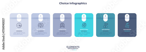 Six numbered rectangular frames placed in horizontal row. Concept of 6 stages of marketing strategy. Modern flat infographic design template. Simple vector illustration for business presentation.